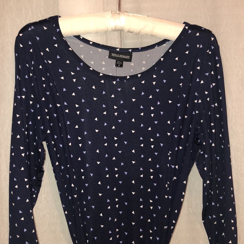 Nina Leonard S Jersey Crew Neck Quarter Sleeve Midi Dress Navy White Lilac Print - Picture 4 of 16